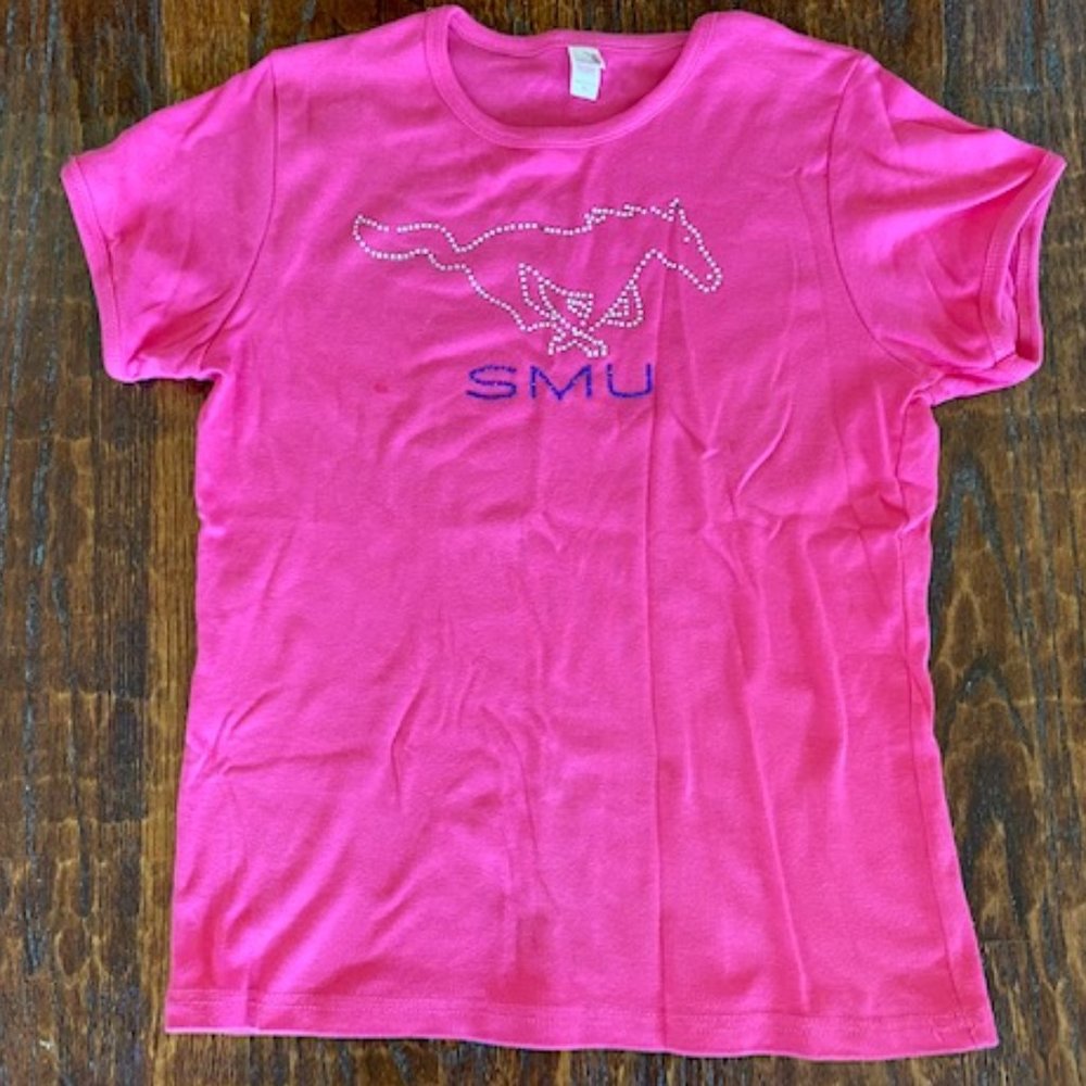 Hot PINK w BLUE & CLEAR RHINESTONES * Custom SMU MUSTANGS s/s T-SHIRT * M